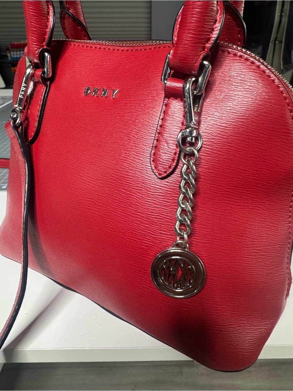 DKNY Red Dome Satchel with Silver Chain Charm